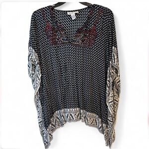 Chloe June Navy and White Printed V-Neck Tunic with Red Embroidery